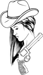 Poster - beautiful cowgirl and cowboy wearing hat and horse head black and white vector silhouette design