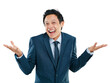 Portrait, shrug and transparent with a business man isolated on a PNG background to gesture whatever. Question, confused or mistake with a male asian employee shrugging his shoulders feeling carefree