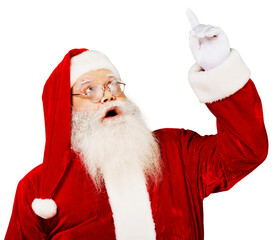 Poster - Portrait of smiling santa claus gesturing look up on  background