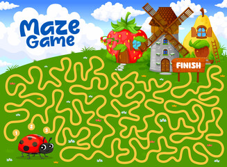 Wall Mural - Labyrinth maze game help to ladybug to find her cartoon fairytale house building. Kids vector boardgame worksheet with funny lady-cow searching right way on tangled path. Educational children riddle