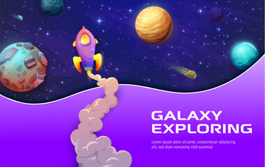 Poster - Space landing page. 3d paper cut galaxy landscape with rocket and space planets website background vector template for business startup. Astronomy science web banner with layered papercut starry sky