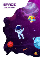 Poster - Space landing page, cartoon astronaut in outer space, galaxy planets and UFO, vector website background. Galaxy spaceship or rocket starship and spaceman with asteroids in sky for landing page