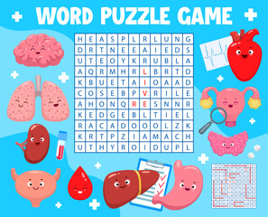 Wall Mural - Word search puzzle game cartoon body organ characters. Vector worksheet quiz grid, crossword brainteaser with brain, lungs, spleen or bladder. Heart, uterus and thyroid with stomach, liver, blood drop