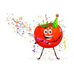 Cartoon funny tomato vegetable character on birthday, anniversary holiday. Holiday celebration cheerful tomato, birthday or anniversary party cute vegetable vector personage with holiday cracker