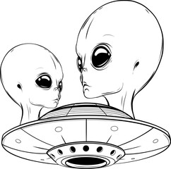 Spaceship UFO monochrome emblem intergalactic traveler humanoid in flying saucer alien guest ufological mysterious style vector illustration