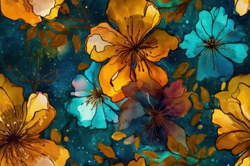 Wall Mural - Abstract watercolor floral pattern in a combination of bright yellow and dark blue colors, background. AI generated