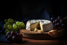 Round Brie Cheese With Notch, Yellow Camembert On Wooden Board With Dark Blue Grapes. Italian Food. Dairy Product. Still Life With Deep Shadows, Rustic Style. Image Is AI Generated. Generative AI