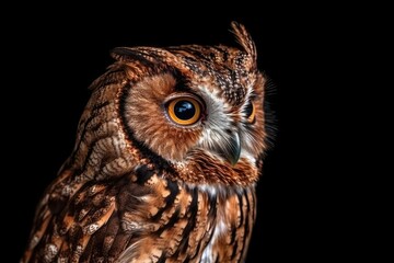 Poster - close-up portrait of an owl on a dark background. Generative AI