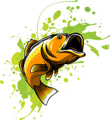 Wall Mural - Illustration of a largemouth bass fish jumping done in cartoon style on isolated white background.