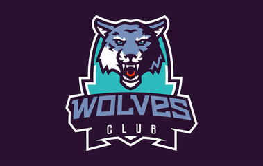 Wall Mural - Sports logo with wolf mascot. Colorful sport emblem with wolf mascot and bold font on shield background. Logo for esport team, athletic club, college team. Isolated vector illustration