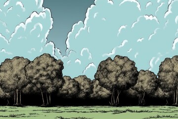 Sticker - serene landscape with tall trees and fluffy clouds in the sky. Generative AI