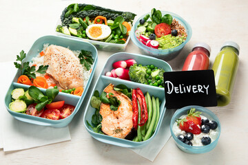 Different types healthy meals in containers, Takeout food menu, top view, copy space