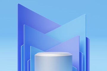 Poster - White  realistic 3d cylinder pedestal podium on blue background. Abstract  rendering geometric platform. Product display presentation. Minimal scene.