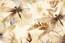BEIGE SEAMLESS PATTERN WITH WATERCOLOR DRAGONFLIES. Generative AI