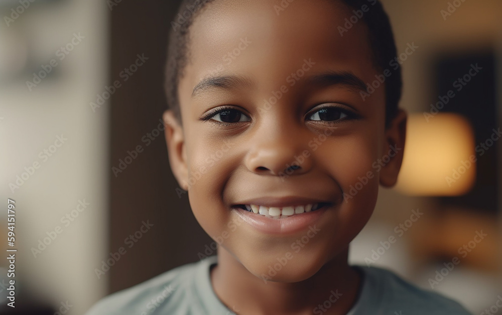 Dark-skinned black african american boy smiling portrait at home. Happy ...