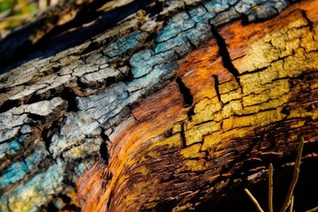 Sticker - close-up view of a tree trunk showcasing a vibrant, multicolored pattern. Generative AI