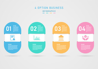 Minimal business infographic 4 options pastel color capsule shape white square center with icons The top and bottom have numbers and letters. gray gradient background