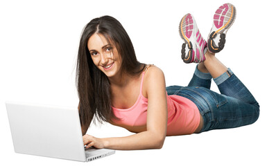 Poster - Young woman lying down in front of a laptop