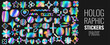 Set of holographic retro futuristic stickers. Vector illustration with iridescent foil adhesive film with symbols and objects in y2k style. Holographic futuristic stars, starburst, simple shapes.