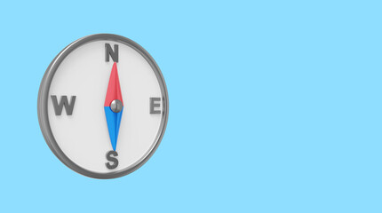 Poster - Simple compass, navigation, direction finding. 3D rendering. Icon on blue background, space for text.