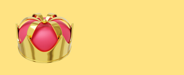 Poster - Royal crown gold metal with red cap, symbol of power, top view. 3d rendering. Icon on yellow background, space for text.