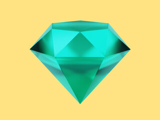 Poster - Green diamond, jewelry. 3D rendering. Icon on yellow background.