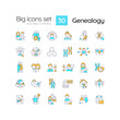 © bsd studio - Genealogy RGB color icons set. Family roots. Hereditary disorders. Ancestors and descendants. Lineage. Isolated vector illustrations. Simple filled line drawings collection. Editable stroke