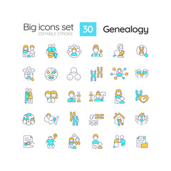  Genealogy RGB color icons set. Family roots. Hereditary disorders. Ancestors and descendants. Lineage. Isolated vector illustrations. Simple filled line drawings collection. Editable stroke