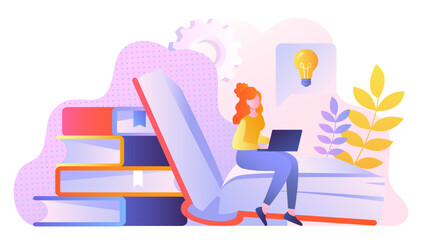 Poster - concept of online teaching. woman with laptop sits on books. education and training, selfdevelopment