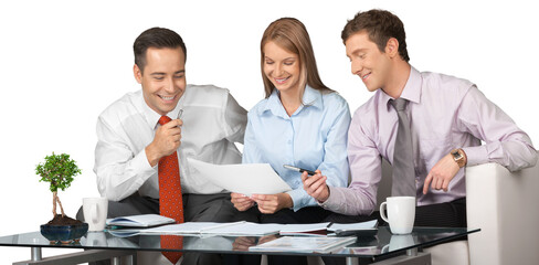 Wall Mural - Smiling happy business team  isolated on white background