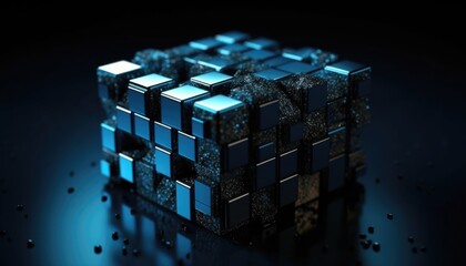 Poster - Cube patterns, black background, abstract background, shiny metal, matte metal, red and blue metal background, Generative Ai