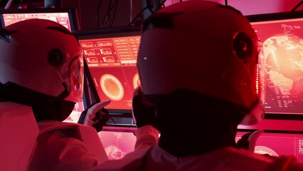 Wall Mural - team of astronauts in a space suits aboard the mars station. a crew of cosmonauts piloting the space