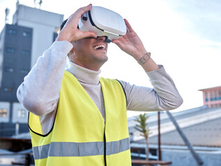 Poster - Happy man, architect or VR building with smile in city for construction, simulation or digital layout on site. Male contractor, engineer or builder excited for virtual reality or 3d architecture plan