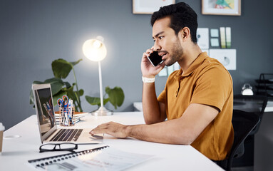 Poster - Phone call, stress and Asian man with problem on laptop with glitch, mistake and error in office. Communication, business and upset male worker on computer talking, frustrated and consulting for help