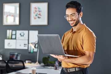 Fototapete - Happy, laptop and corporate man in office smile, confident and excited against blurred wall background. Idea, vision and asian businessman online for planning, goal and design agency startup in Japan