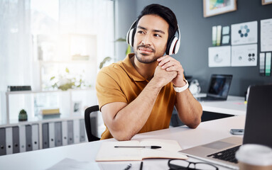 Aufkleber - Business man, thinking and headphones to listening to music, audio or podcast. Asian male entrepreneur at desk with headset to think of ideas, strategy and plan for growth development and future