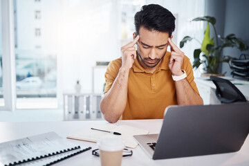 Fototapete - Burnout, laptop error or business man with migraine problem, pain or stress from software system glitch. Mental health, office crisis or person depressed over mistake, medical emergency or audit fail
