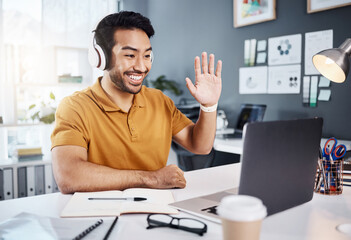 Poster - Man, headphones and laptop, video call with smile and wave hello, remote work with workshop webinar. Communication, working from home and virtual meeting seminar, happy male freelancer and internet
