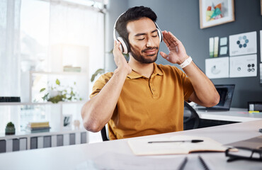 Poster - Man, remote work and headphones while listening to music, happy and enjoy audio playlist. Male copywriter with eyes closed, freelance and blogger working from home, technology and online streaming