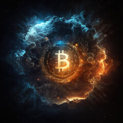 Fototapete - Bitcoin on cosmic fire background. generative ai.