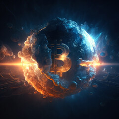 Aufkleber - Bitcoin on cosmic fire background. generative ai.