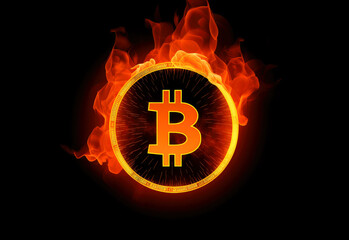 Aufkleber - Bitcoin on fire background. generative ai.