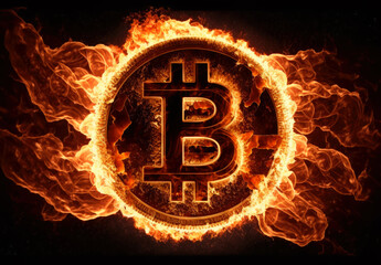 Aufkleber - Bitcoin on fire background. generative ai.