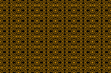 Poster - Motley vintage seamless pattern. Curved smooth chains of circles are randomly located on a dark background. Vector illustration with gold color of object. luxury vintage style.
