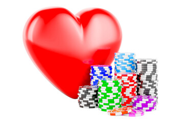 Poster - Casino tokens with red heart, 3D rendering