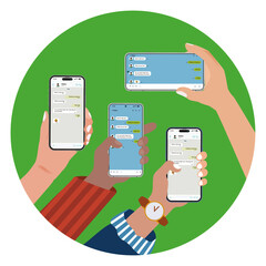 Poster - Hand holding smart phone. Incoming message communication concept, social networking concept vector flat cartoon illustration.