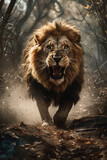 Fototapeta  - Wild lion roaring aggressively. Jungle forest savannah running generative ai