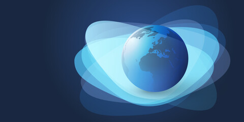 Poster - Dark Blue Minimal Style Global Connections Design Concept with Oval Orbiting Translucent Shapes Around a Lit Earth Globe in Space - 3D Vector Illustration with Copyspace, Place, Room for Your Text