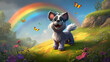 A delightful puppy character with a curious look, standing on its hind legs on a grassy hill, with a beautiful rainbow