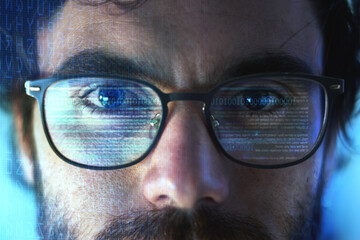 Poster - Face, smart glasses and overlay of man with futuristic hologram for cybersecurity. Portrait, iris scanner and person with technology for facial recognition, biometric or digital identification data.